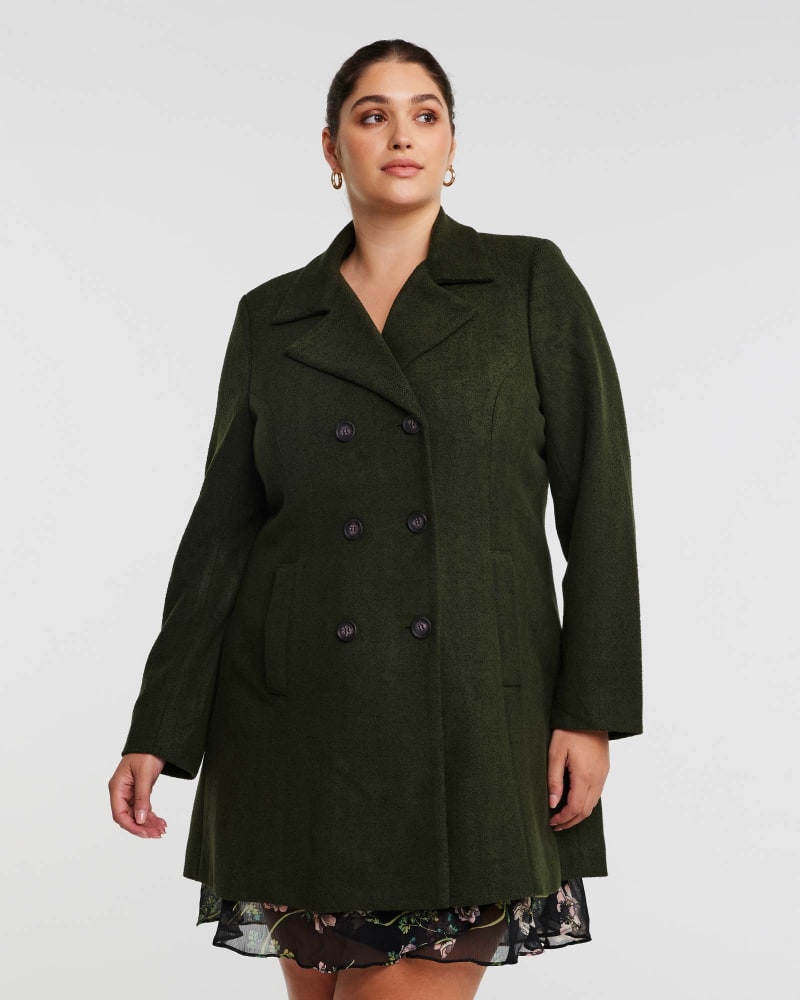 Front of a model wearing a size 18W Homeland Coat in OLIVE by Estelle. | dia_product_style_image_id:315627